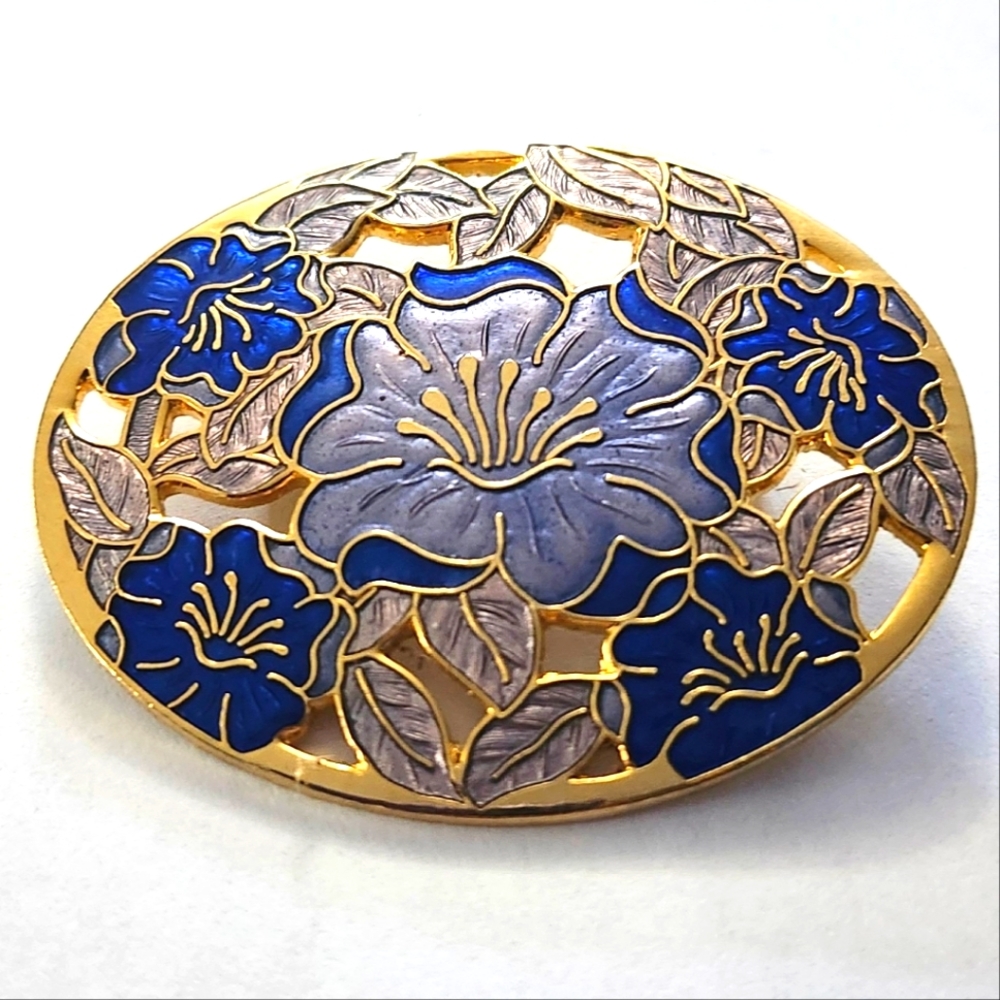 Vtg Fish and Crown Signed Large Cloisonne Cloissone Floral Pin Brooch